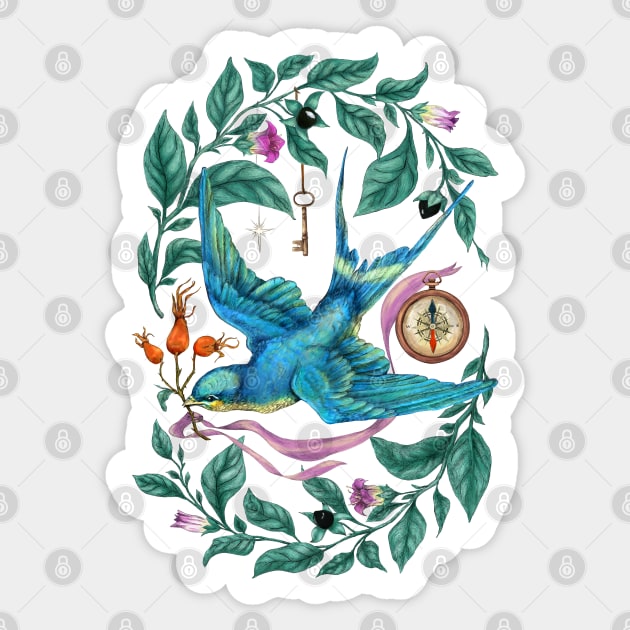 Flying swallow and Nightshade. Sticker by Sitenkova